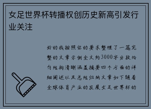 女足世界杯转播权创历史新高引发行业关注 女足世界杯转播权创历史新高引发行业关注