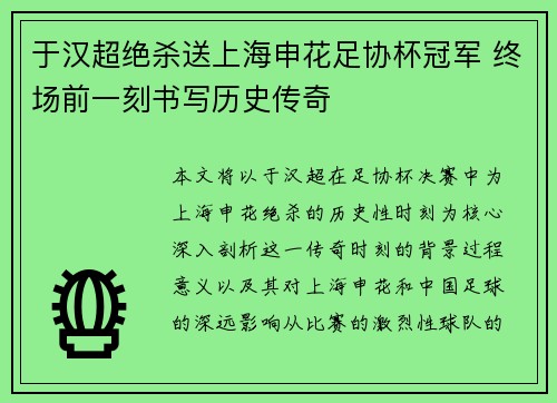 于汉超绝杀送上海申花足协杯冠军 终场前一刻书写历史传奇 于汉超绝杀送上海申花足协杯冠军 终场前一刻书写历史传奇